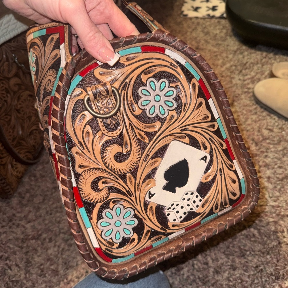Brown Tooled Leather Satchel with Playing Card Motif - Women's Satchel - Picture 3 of 7